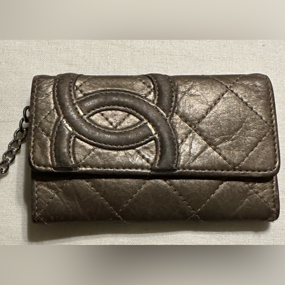 Authentic CHANEL cambon snap bronze leather diamond pattern wallet w/ key chain